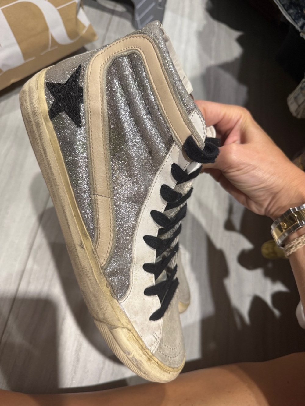 Golden Goose Silver Glitter High-Top Sneakers with Black Star